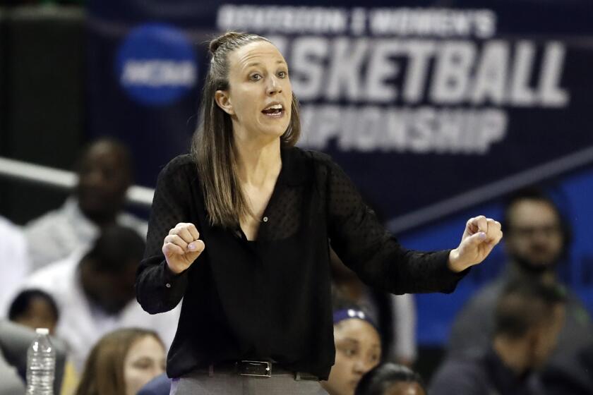 FILE - In this March 23, 2019, file photo, California head coach Lindsay Gottlieb instructs her team.