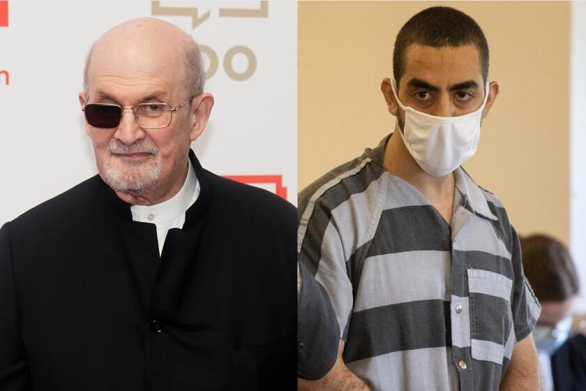 R: Salman Rushdie wears a black coat and glasses, L: Hadi Matar listens during an arraignment wearing jailhouse stripes.