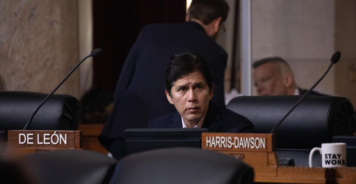 Los Angeles City Councilmember Kevin de León sits on the dais