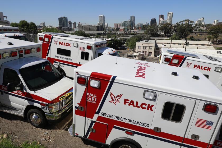 SAN DIEGO, CA - OCTOBER 13: Falck will take over ambulance service in San Diego on November 27. Here, new ambulances are lined up at a San Diego operations yard on Wednesday, Oct. 13, 2021. (K.C. Alfred / The San Diego Union-Tribune)