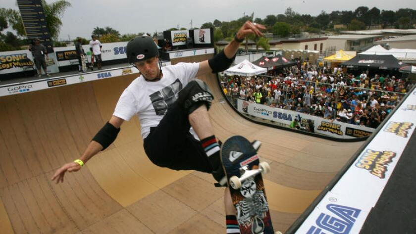 Tony Hawk performs on the half pipe during the Clash at Clairemont skateboarding event in 2013. (Bill Wechter)