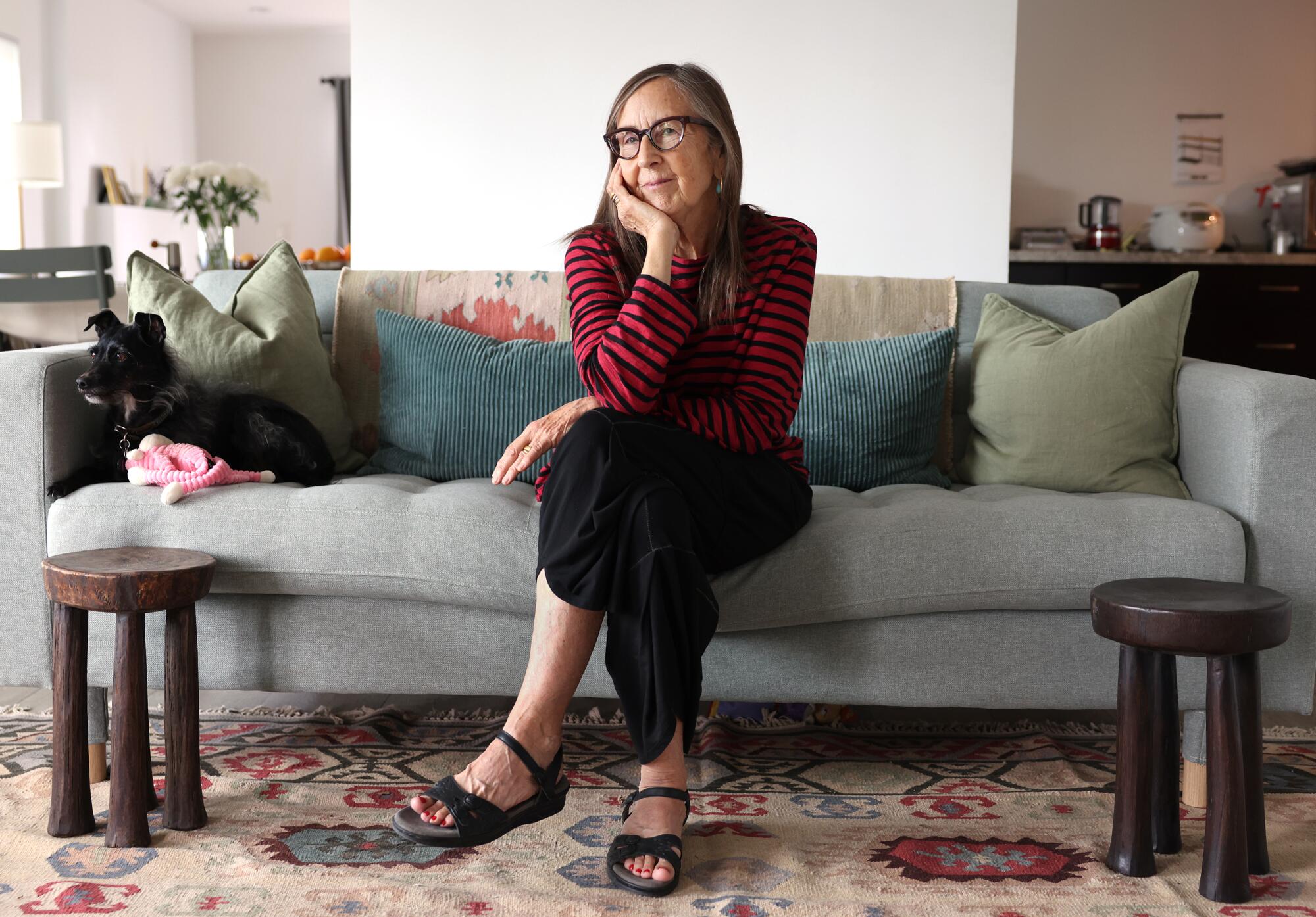 Michelle Huneven, successful a reddish and achromatic striped shirt, sits connected a grey sofa with pillows and a dog.