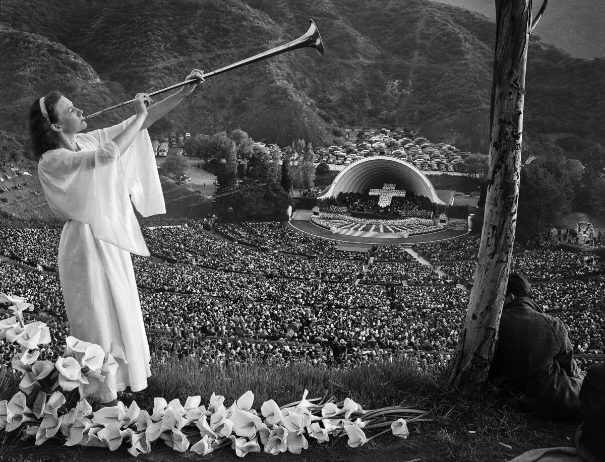 April 6, 1947: A trumpeter heralds the dawn for 25,000 worshipers at Hollywood Bowl sunrise service.