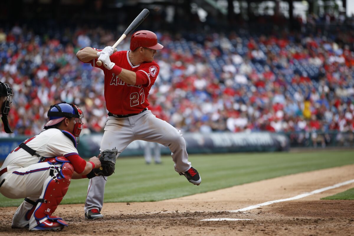 Angels' Mike Trout in action during an interleague game against the Philadelphia Phillies.