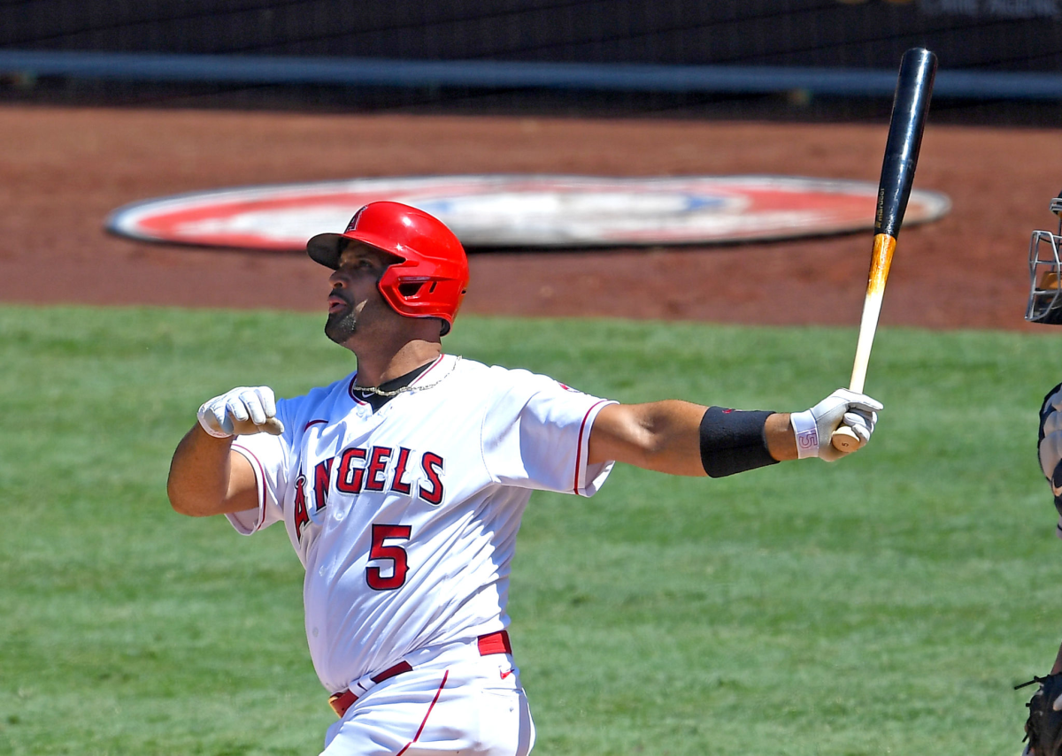 ANAHEIM, CA - AUGUST 02: Albert Pujols #5 of the Los Angeles Angels hits a grand slam home run.
