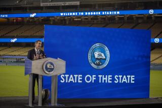 LOS ANGELES CA - March 09: Gov. Gavin Newsom delivers his third State of the State address to the Legislature and public virtually from en empty Dodger Stadium in Los Angeles Tuesday, March 9, 2021. There is no in-person audience at the outdoor location and public health guidelines are strictly observed. Photo taken at Dodger Stadium on Tuesday, March 9, 2021 in Los Angeles, CA. (Allen J. Schaben / Los Angeles Times)