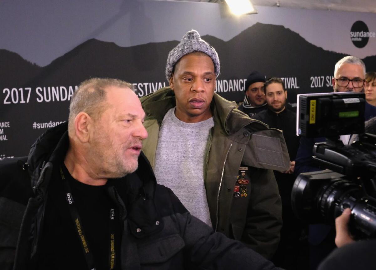 Harvey Weinstein, left, and Jay Z attend the "Time: The Kalief Browder Story" premiere in Park City, Utah.