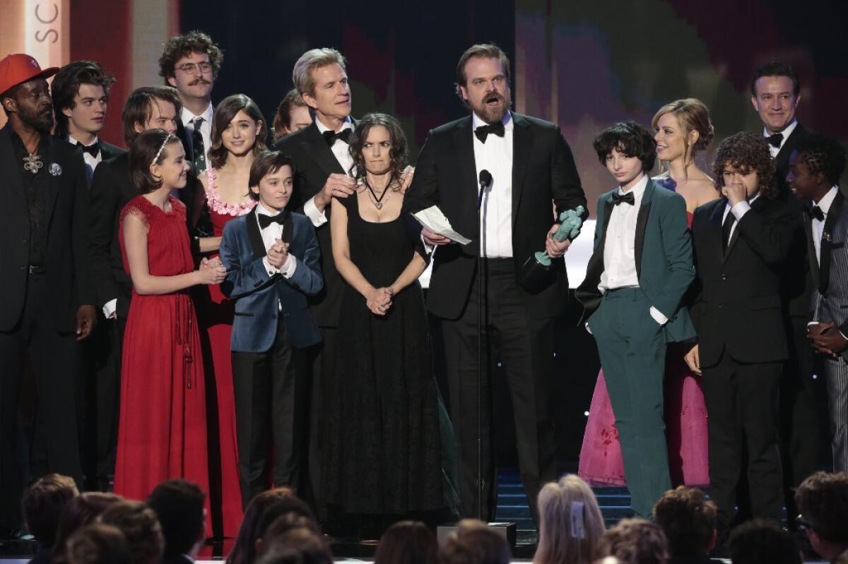 The cast of "Stranger Things" is shown at the 2017 SAG Awards.