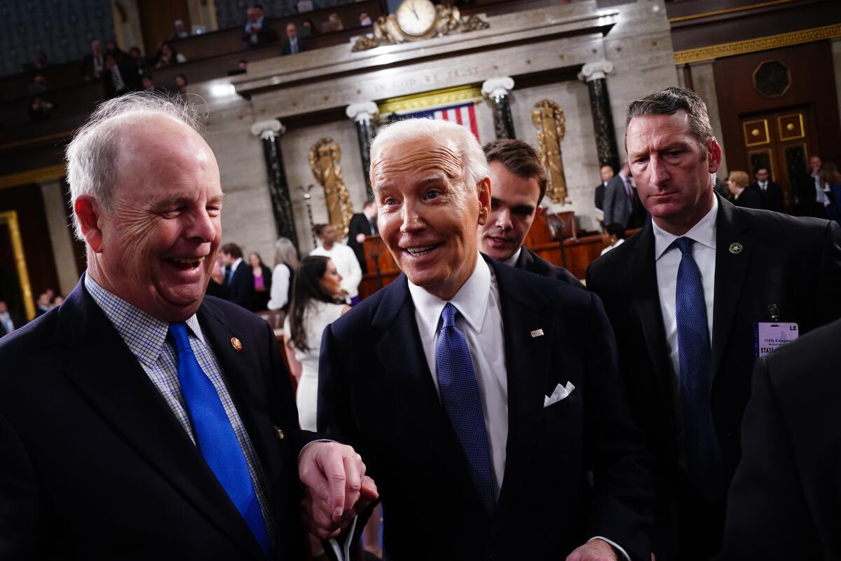 US President Joe Biden, center, departs after delivering the State of the Union address at the US Capitol in Washington, DC, US, on Thursday, March 7, 2024. Election-year politics will increase the focus on Biden's remarks and lawmakers' reactions, as he's stumping to the nation just months before voters will decide control of the House, Senate, and White House. Photographer: Shawn Thew/EPA/Bloomberg via Getty Images