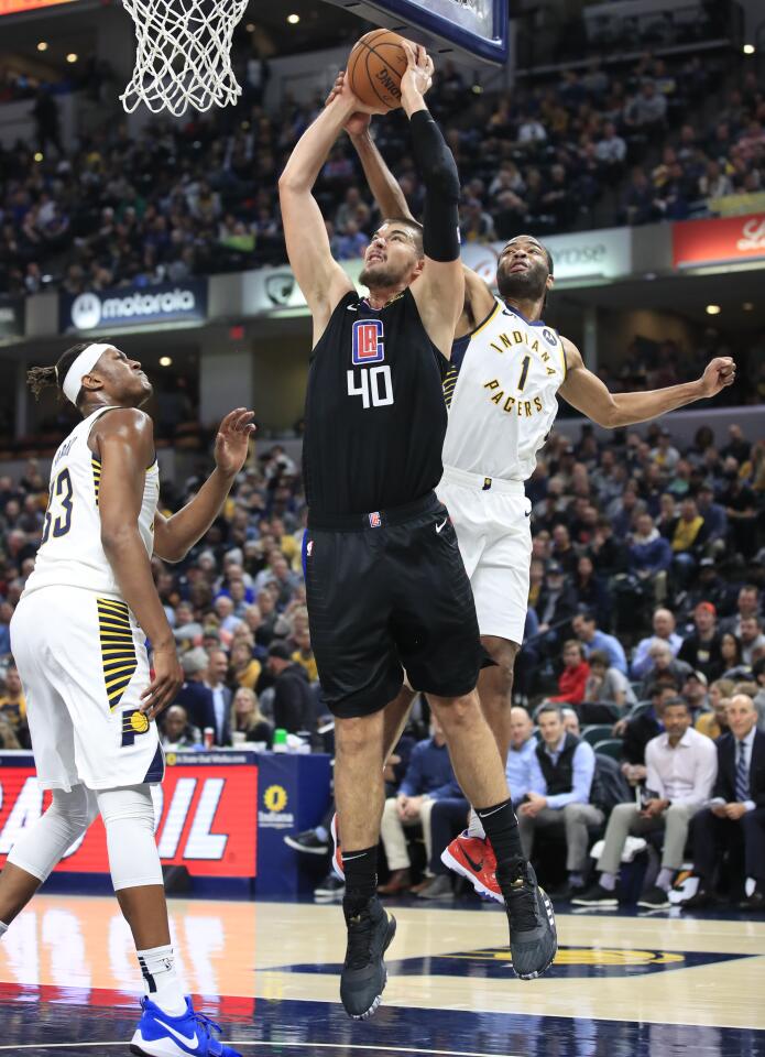 Clippers center Ivica Zubac puts up a shot during a game against the Pacers on Dec. 9 at Bankers Life Fieldhouse.
