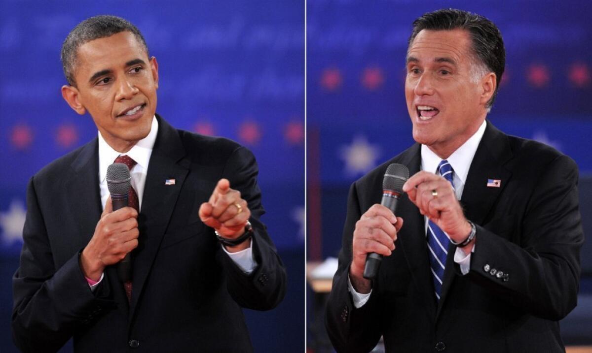 In 2012, Washington columnist Doyle McManus predicted a "razor close" presidential election after President Obama's lackluster performance in his initial debate with Republican challenger Mitt Romney. Above: The candidates are seen during the second presidential debate on Oct. 16.