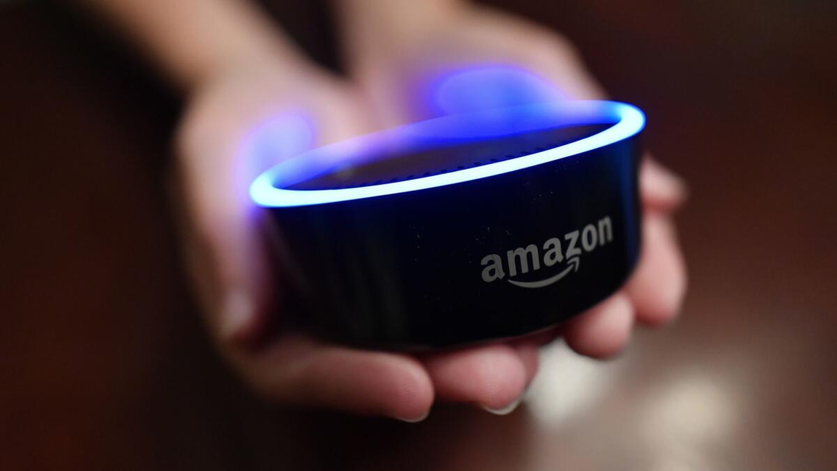 An Amazon Echo Dot, which is powered by the Alexa voice assistant.