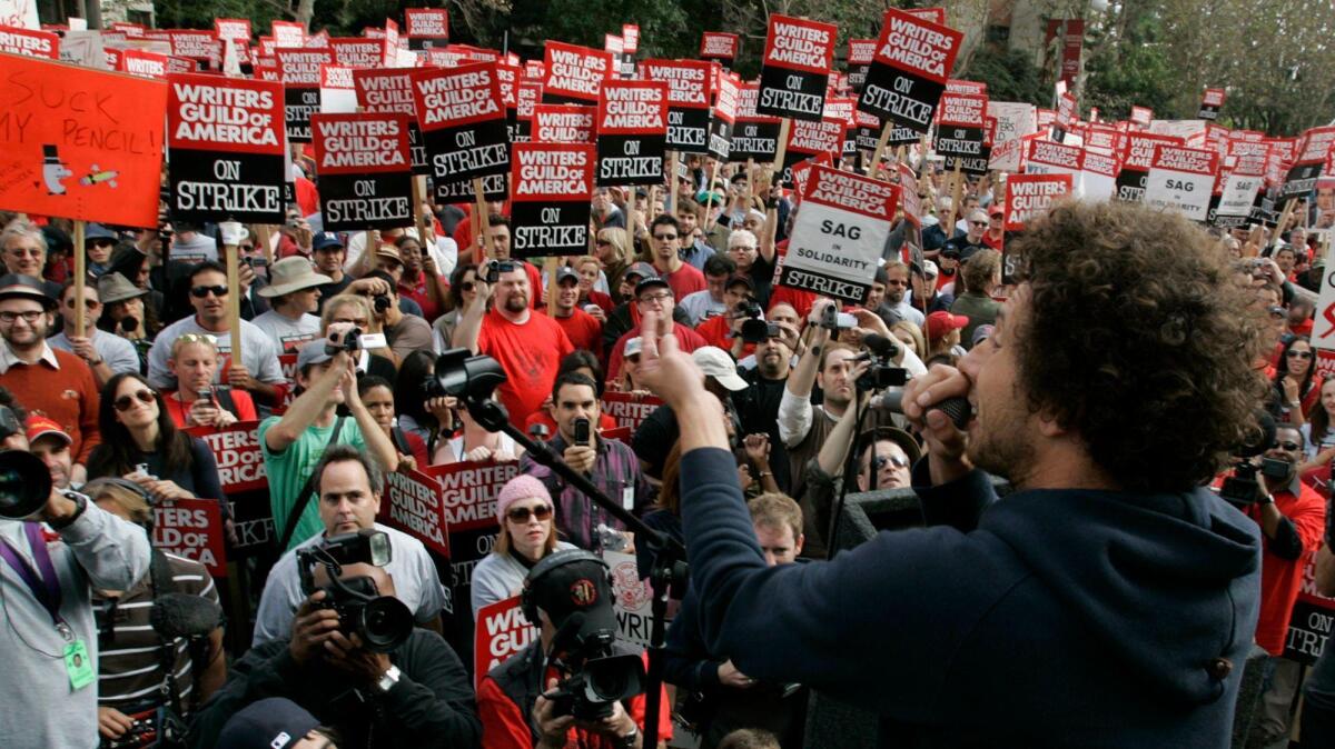 Protesters for the Writers Guild of America -- including Rage Against the Machine singer Tom Morello -- gather in Century City in 2007.