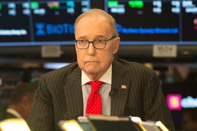 Economic analyst Larry Kudlow speaks on the set of CNBC in New York on March 8.