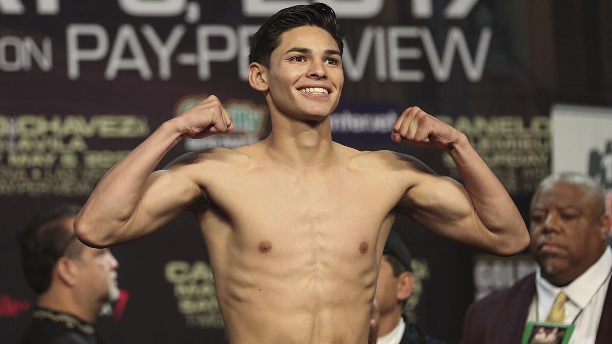 Ryan Garcia poses during a weigh-in at MGM Grand Garden Arena on May 5, 2017.