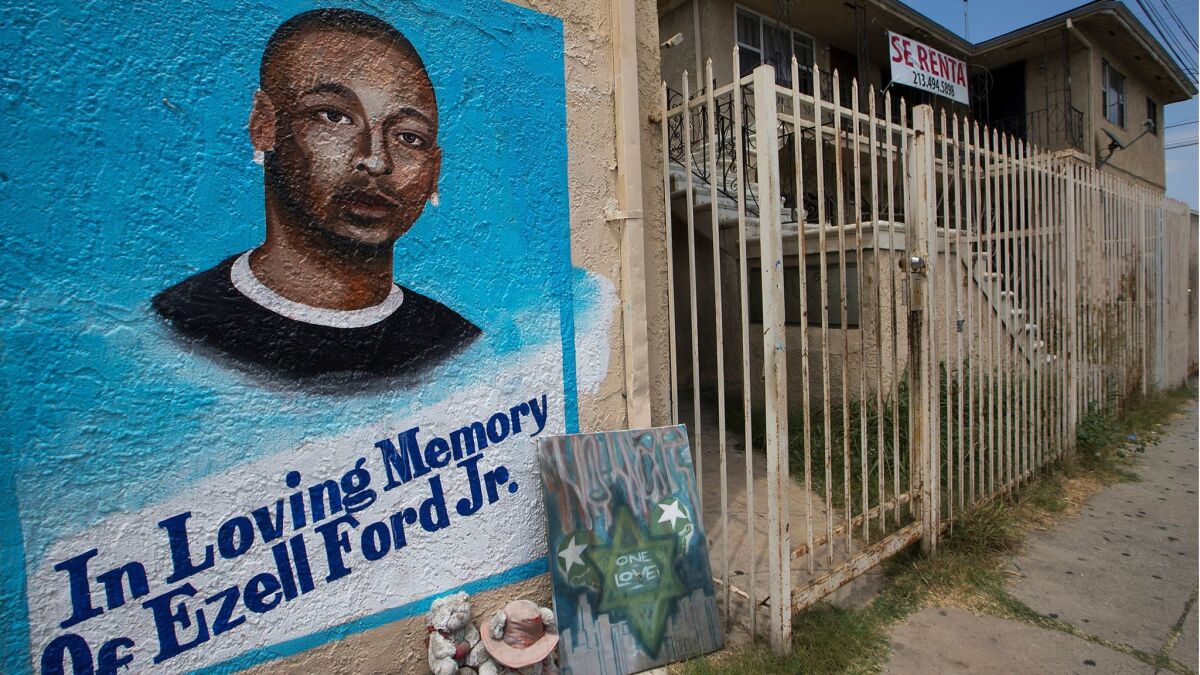 A memorial to Ezell Ford Jr., who was fatally shot by Los Angeles police officers in 2014, is seen in South Los Angeles in this 2015 photo. Prosecutors said Tuesday that the officers acted in self-defense and will not face criminal charges.