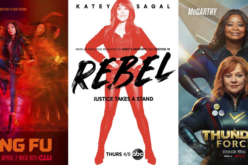 En esta combinación de fotos, el arte promocional para "Kung Fu", una serie de TV que se estrena el 7 de abril en The CW; "Rebel" una serie de TV que se estrena el 8 de abril por ABC; y "Thunder Force", una película de comedia que debuta el 9 de abril en Netflix. (The CW/ABC/Netflix vía AP)