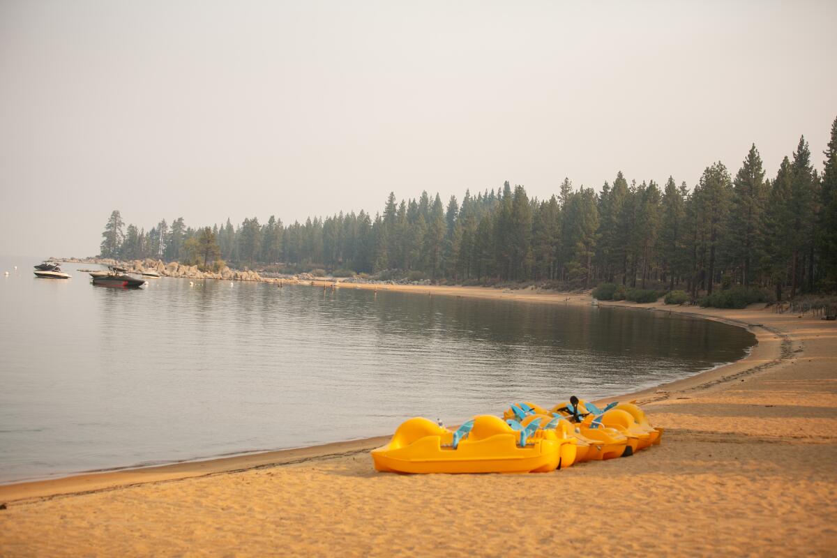 The beach at Zephyr Cove is one of many in the are that are closed as firefighters tackle the Caldor Fire.