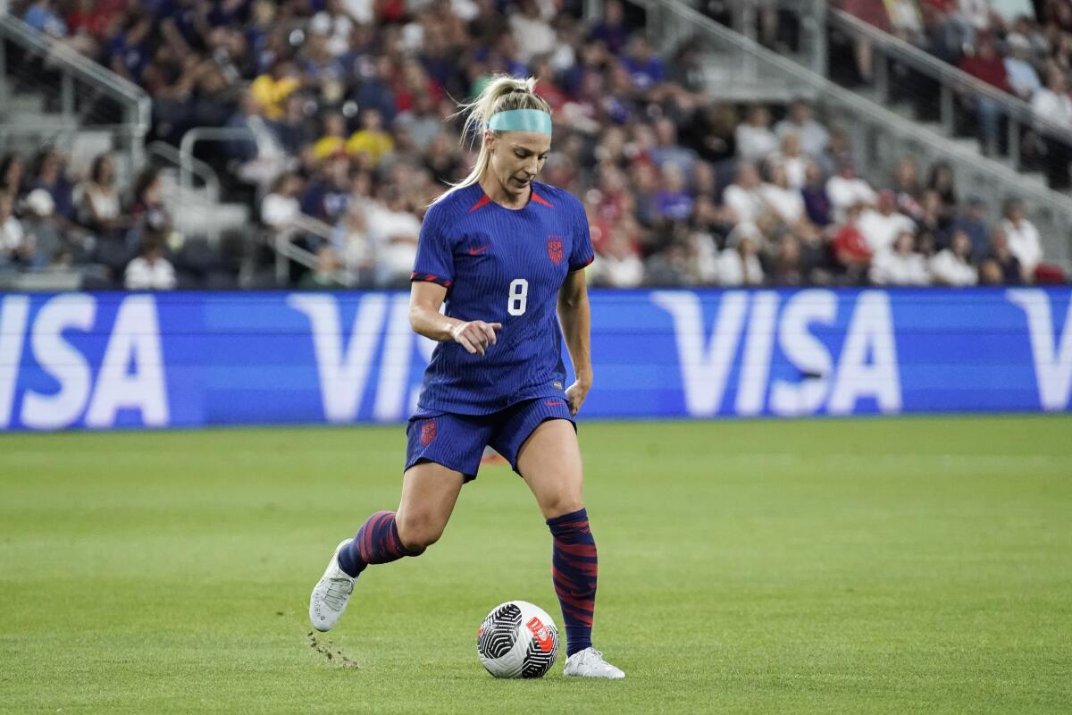 U.S. midfielder Julie Ertz controls the ball during an international friendly against South Africa.