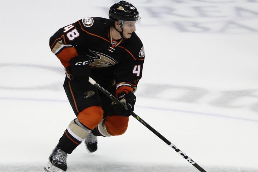 Michael Sgarbossa, shown in action during an Oct. 2 preseason game, had three assists in 19 games for the Ducks.
