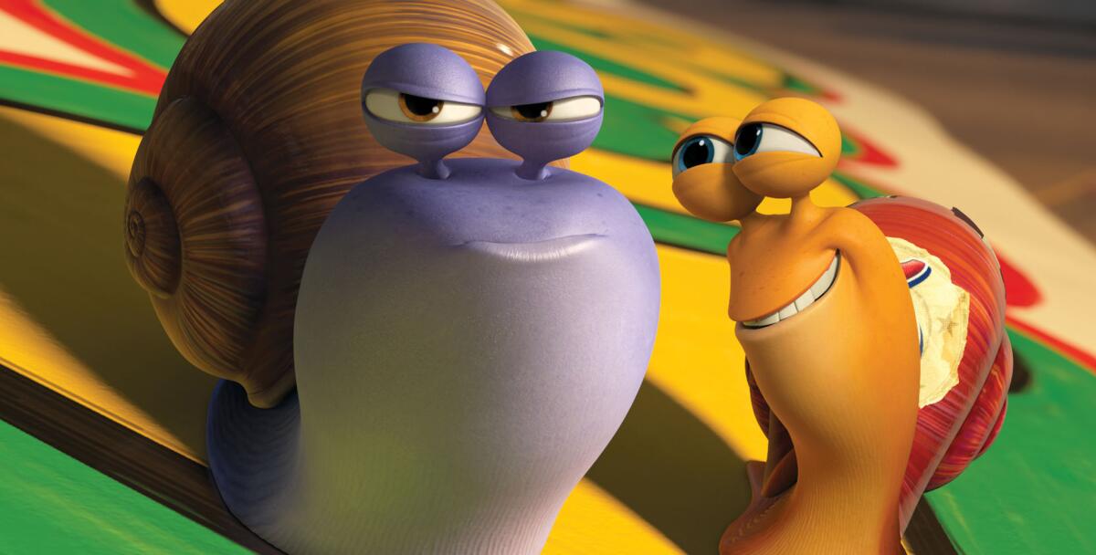 This scene shows Chet, voiced by Paul Giamatti, left, and Turbo, voiced by Ryan Reynolds, in a scene from the animated movie "Turbo."