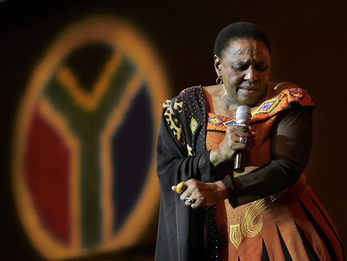 South African singer Miriam Makeba, known as "Mama Africa," performs at West Angeles Church in 2005.