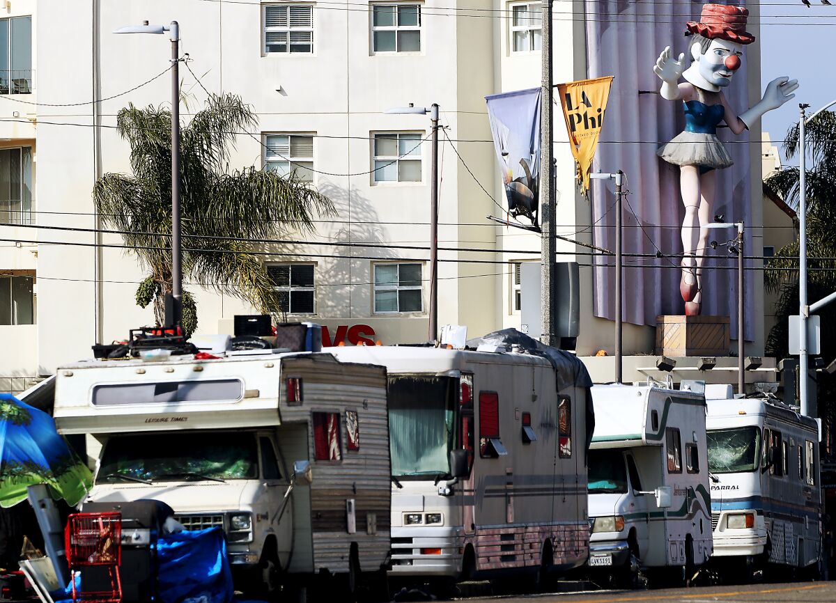 Recreational vehicles line Main Street in Venice Beach on Jan. 18.
