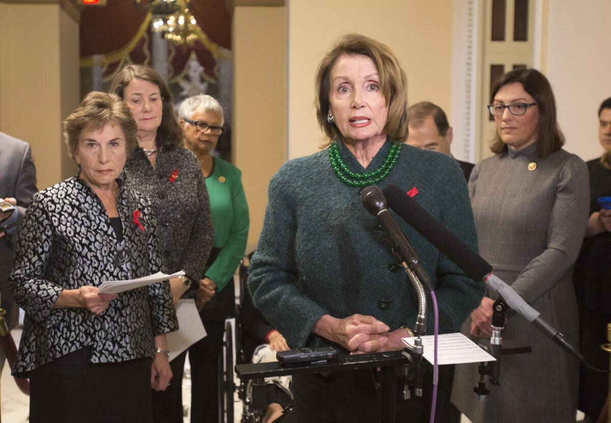 House Minority Leader Nancy Pelosi, center, with from left, Rep. Jan Schakowsky, Rep. Diana DeGette, Rep. Bonnie Watson Coleman and Rep. Suzan DelBene.