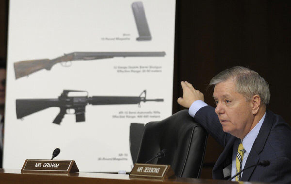 Senate Judiciary Committee member Sen. Lindsey Graham (R-South Carolina) talks about gun legislation during a hearing on Capitol Hill in Washington.