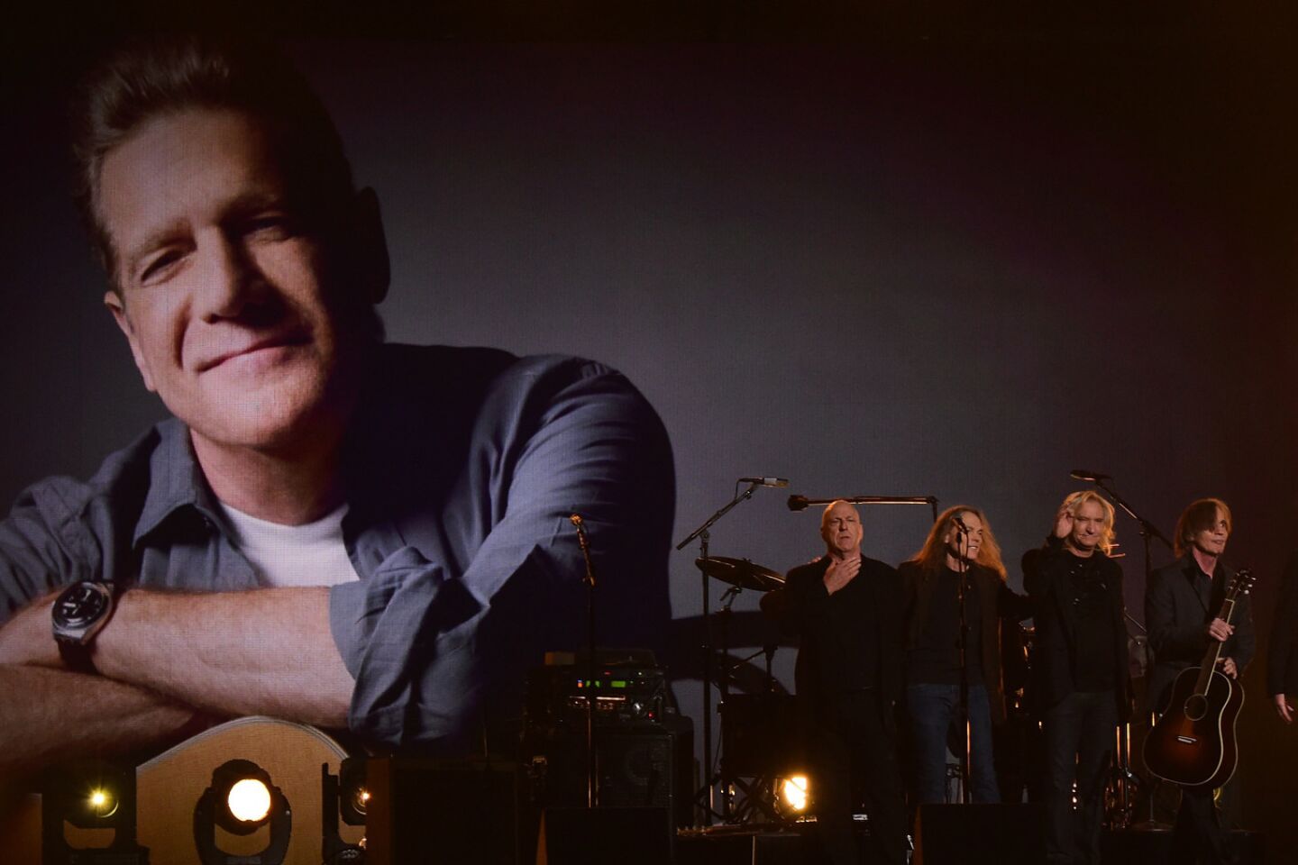 The Eagles perform onstage in a tribute to the late Glenn Frey.
