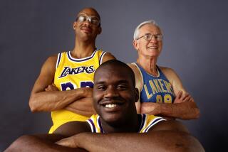 LOS ANGELES – 1996: Shaqille O'Neal @@#34, Kareem Abdul Jabbar @@#33 and George Mikan.