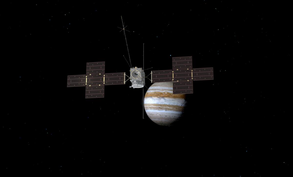 An illustration of the European Space Agency's Juice spacecraft in orbit around Jupiter.