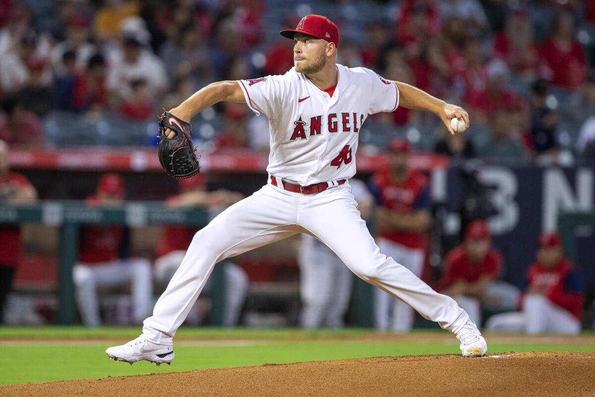 Angels starter Reid Detmers pitches against the Texas Rangers on Sept. 30, 2022.