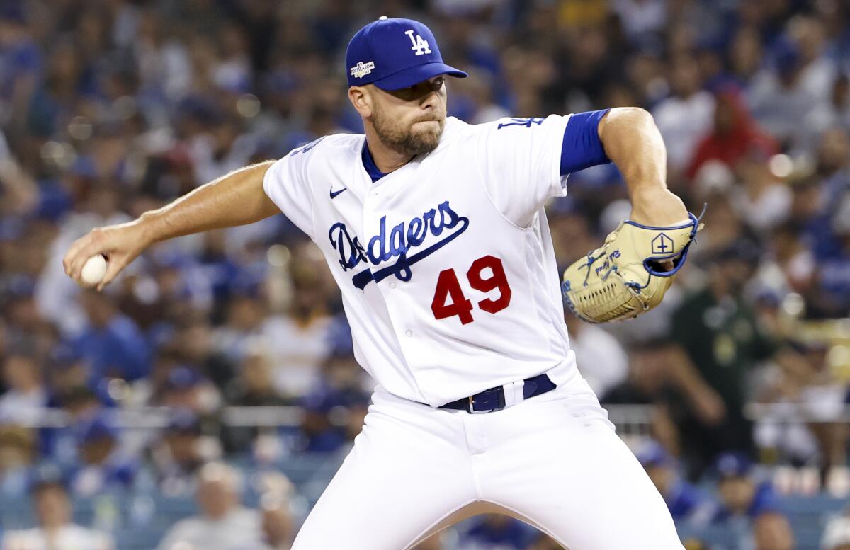 Dodgers relief pitcher Blake Treinen pitches during the eighth inning in game two of the NLDS.