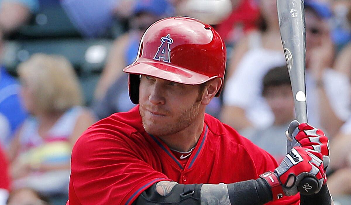 Angels left fielder Josh Hamilton bats against the Chicago Cubs during an exhibition game.