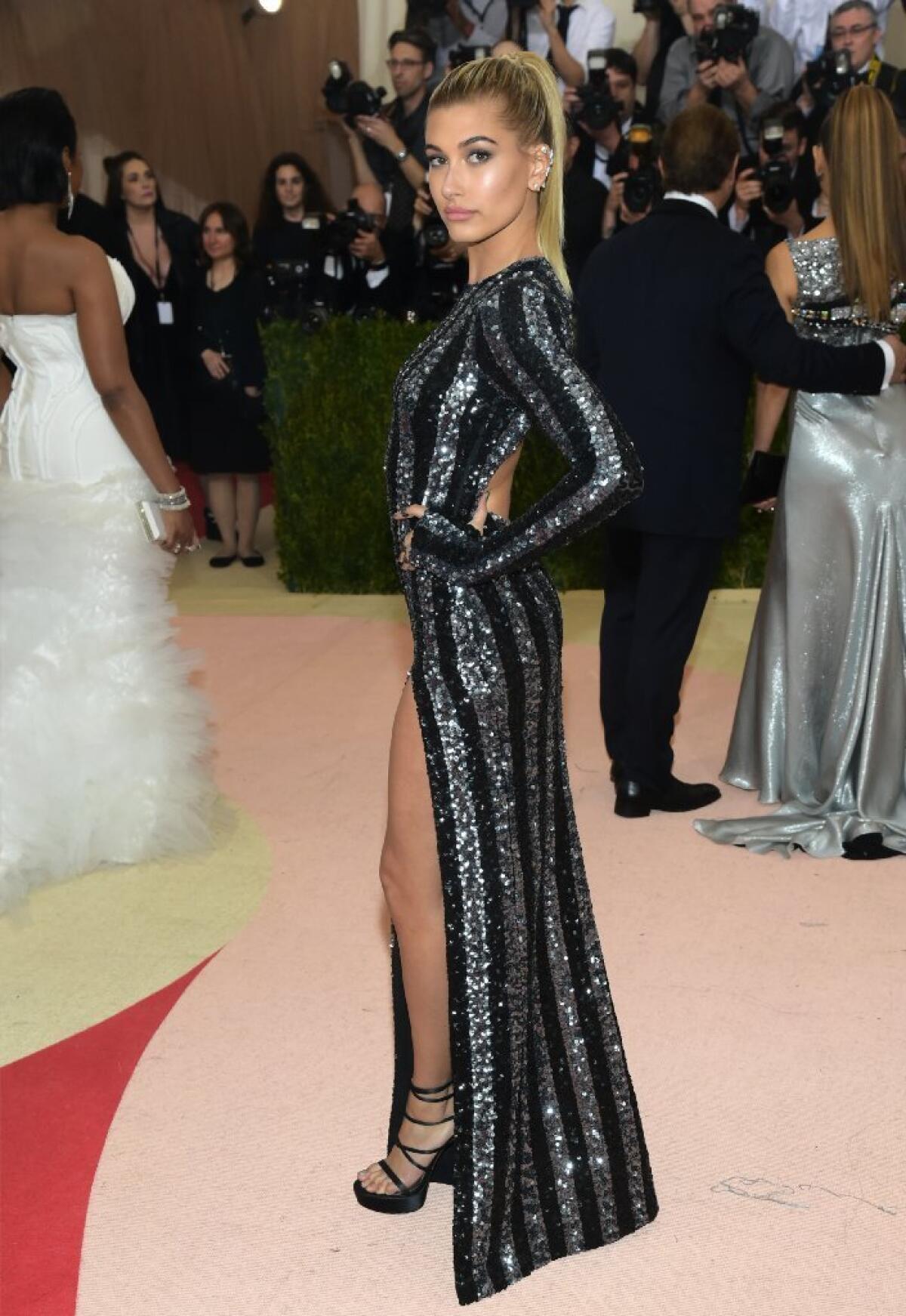 Hailey Baldwin arrives at the Met Gala on Monday in New York.