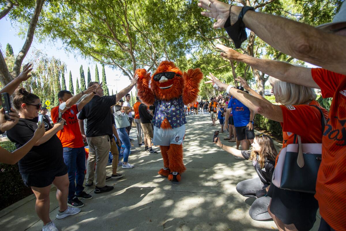 Supporters of Orange County Soccer Club high-five the team mascot, Gnarly, outside Irvine City Hall on Tuesday.