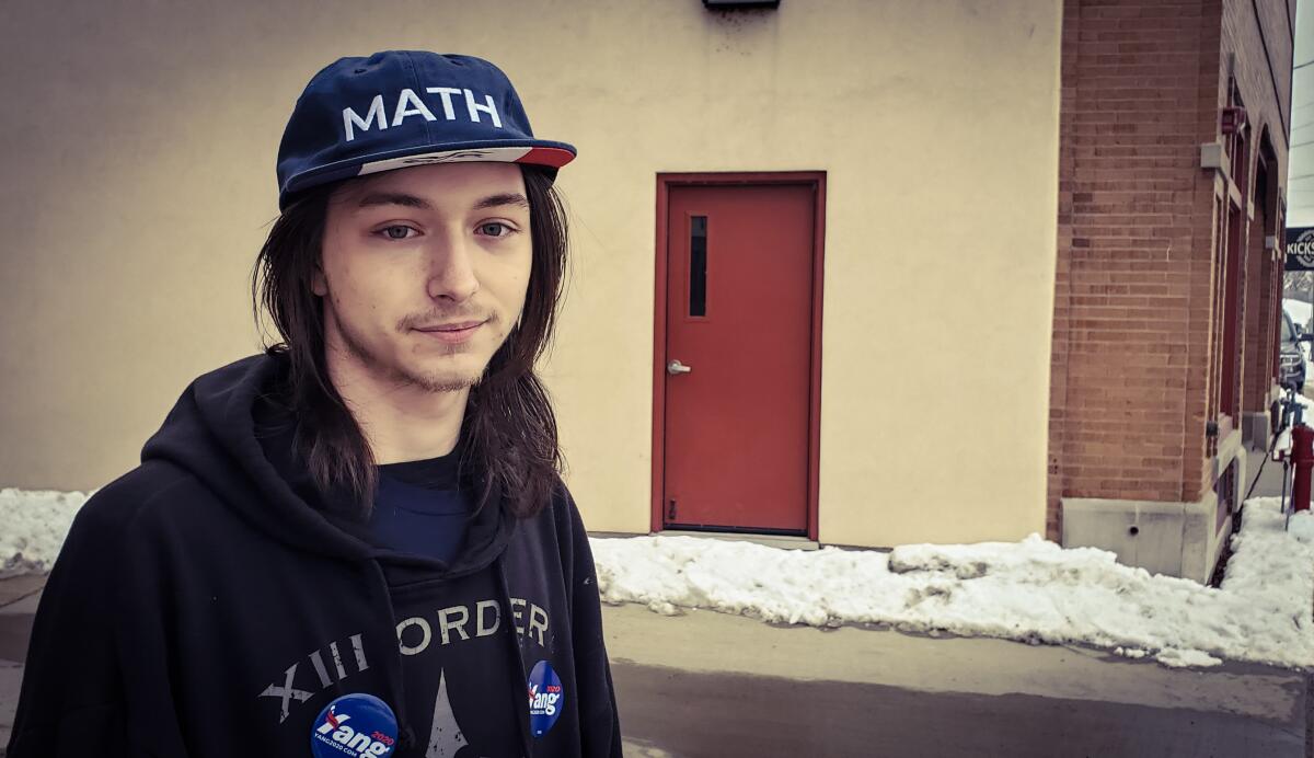 Ethan Erlacker, 21, a gas station employee in Cedar Rapids. Plans to caucus for Andrew Yang. Erlacker didn't participate in the 2016 Iowa caucus but he's making sure to go this time and show his support for New York entrepreneur.