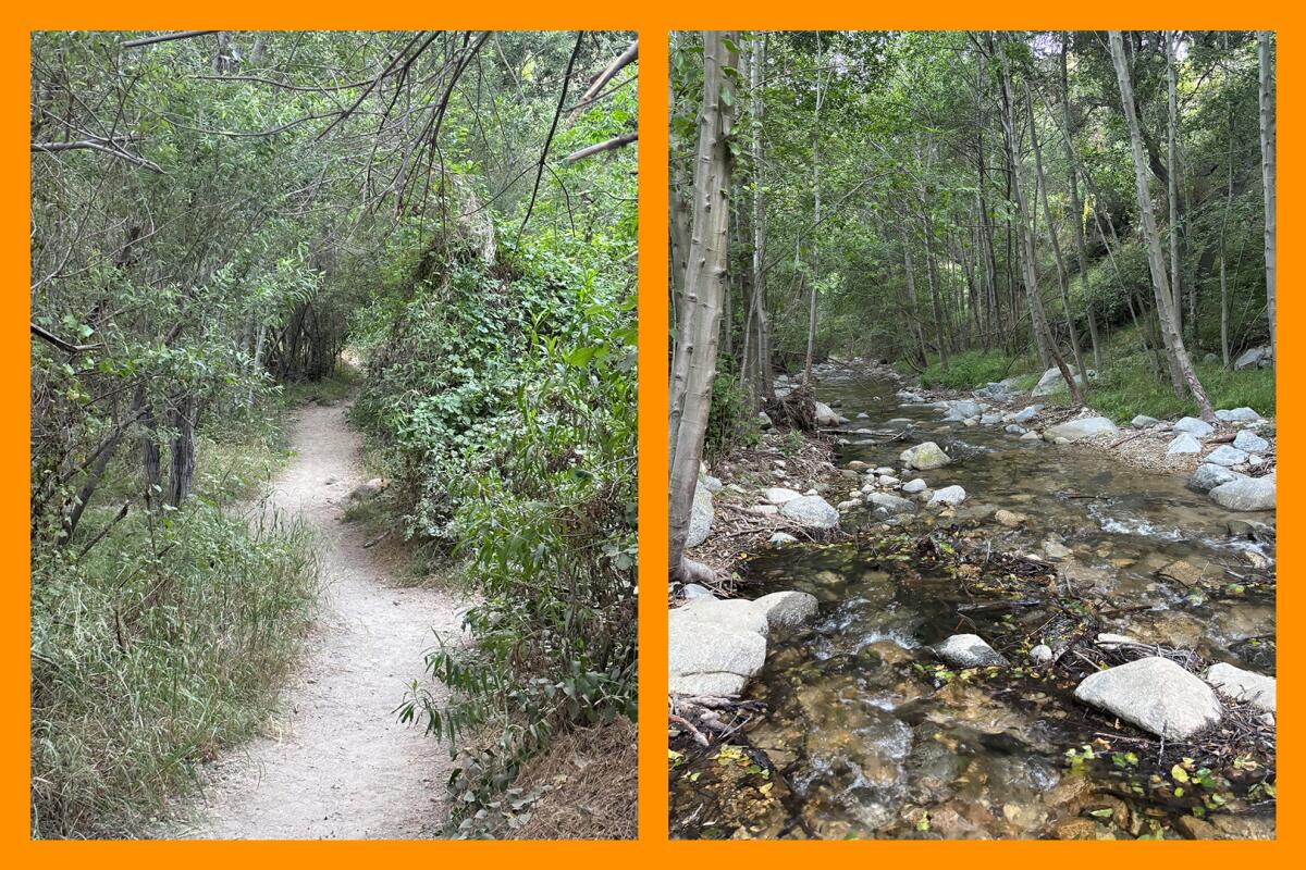 Two photos: the Gabrielino Trail, sometimes referred to as the Brown Mountain Dam trail, and the Arroyo Seco.