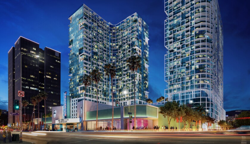 A rendering of the Palladium Residences, a pair of 30-story towers that planned for Sunset Boulevard in Hollywood. The project, approved in 2015, is the subject of a legal challenge by the AIDS Healthcare Foundation.