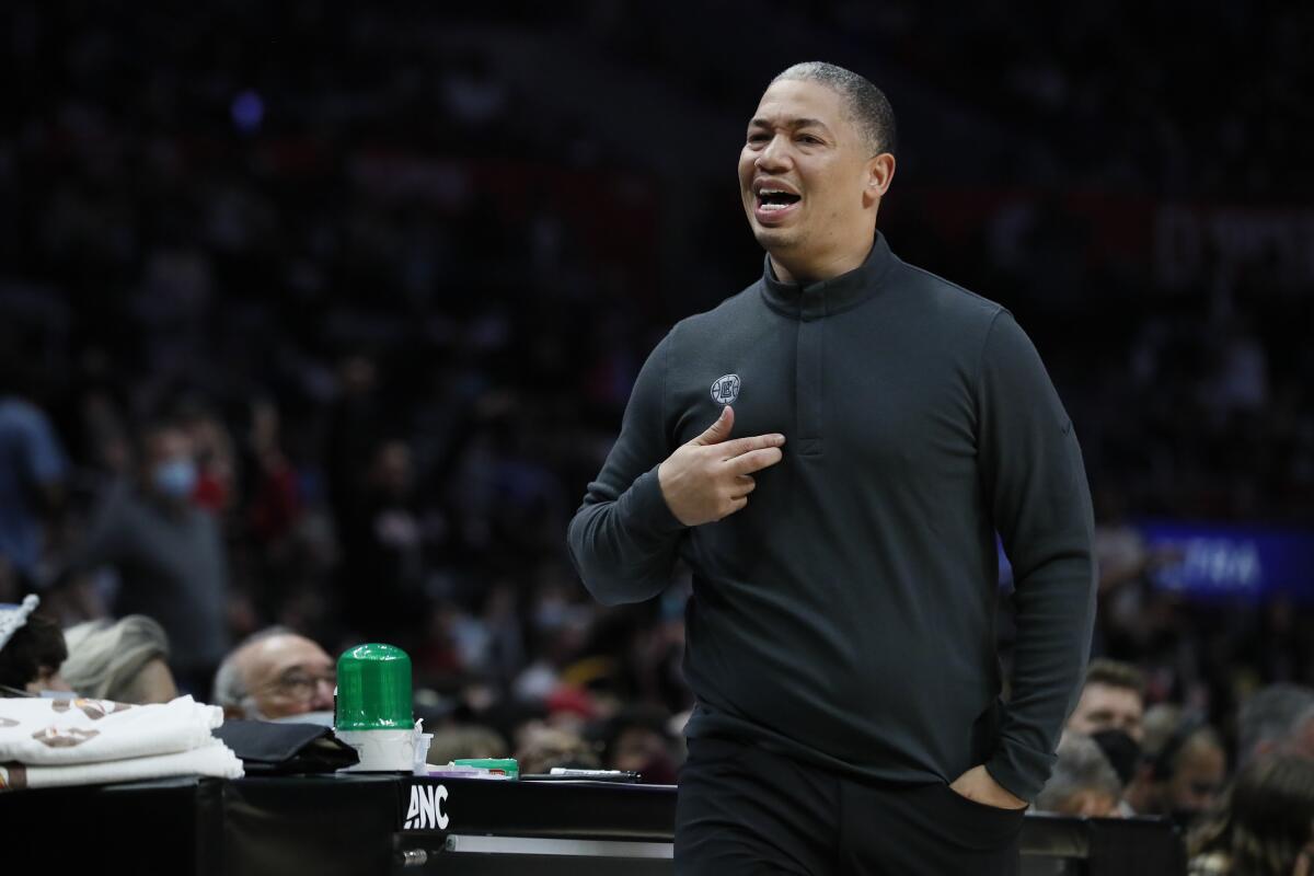 Clippers coach Ty Lue gives direction from the sideline.
