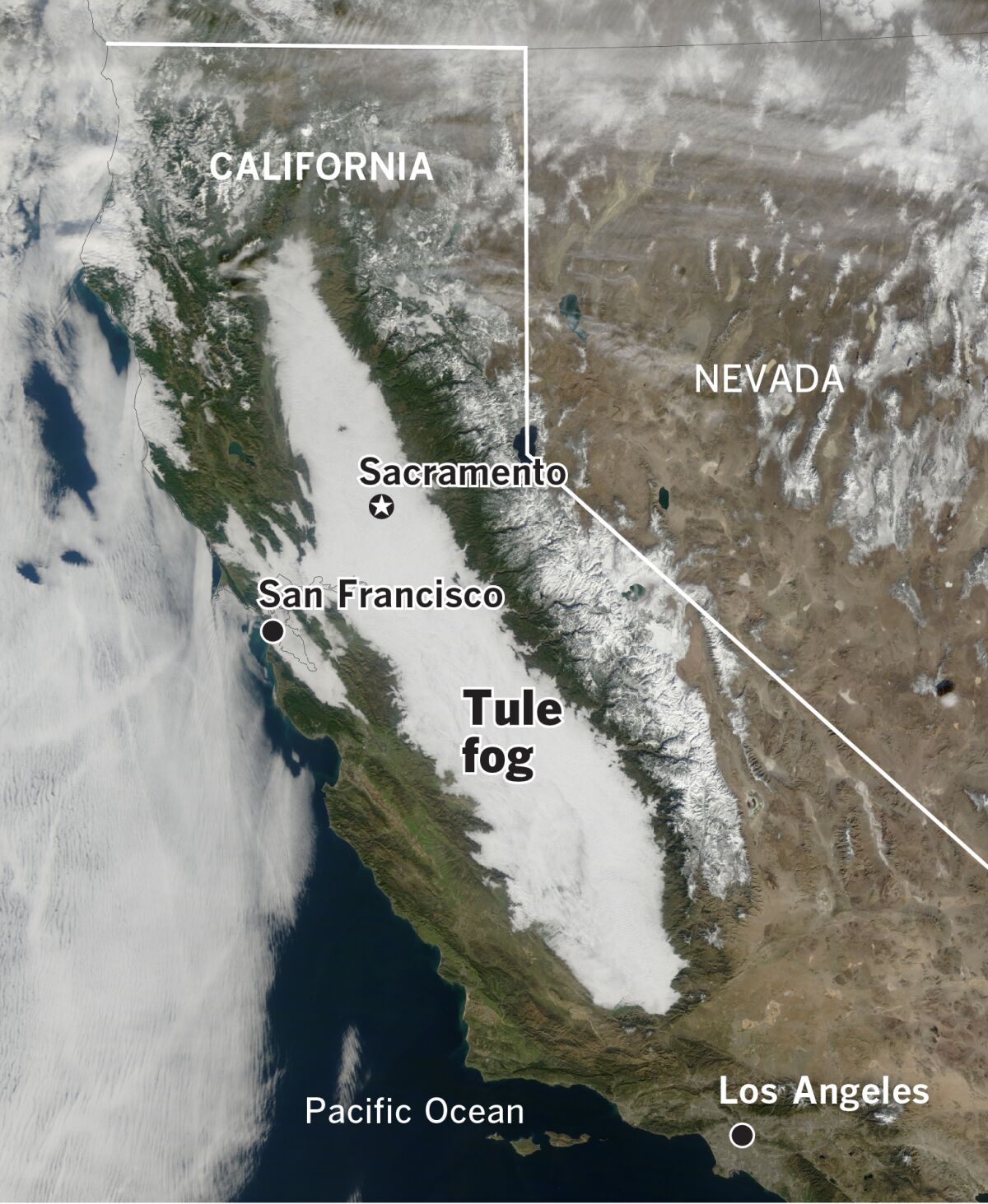 A satellite photo shows California's Central Valley socked in with thick, white tule fog.