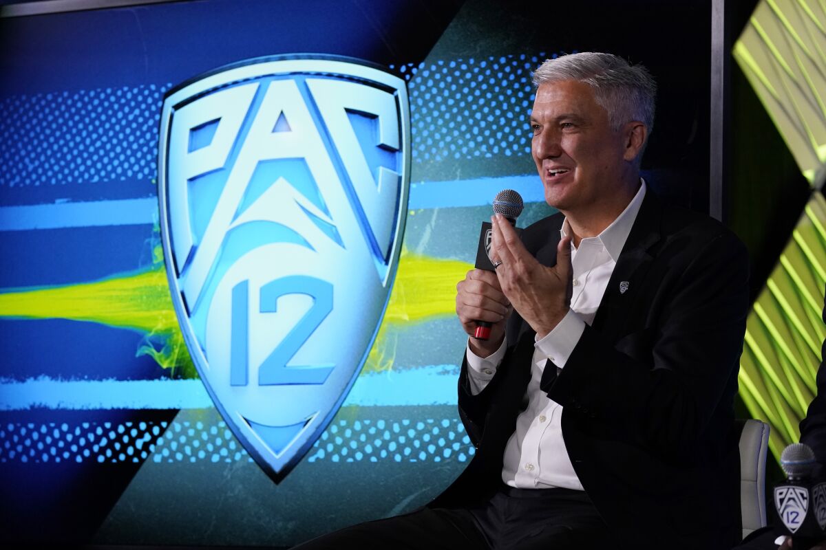 Pac-12 Commissioner George Kliavkoff fields questions during Pac-12 media day.
