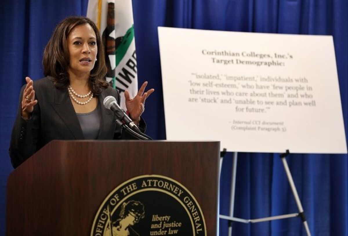 California Atty. Gen. Kamala Harris at a news conference after suing Corinthian Colleges in 2013, claiming the company deceived students through aggressive marketing.
