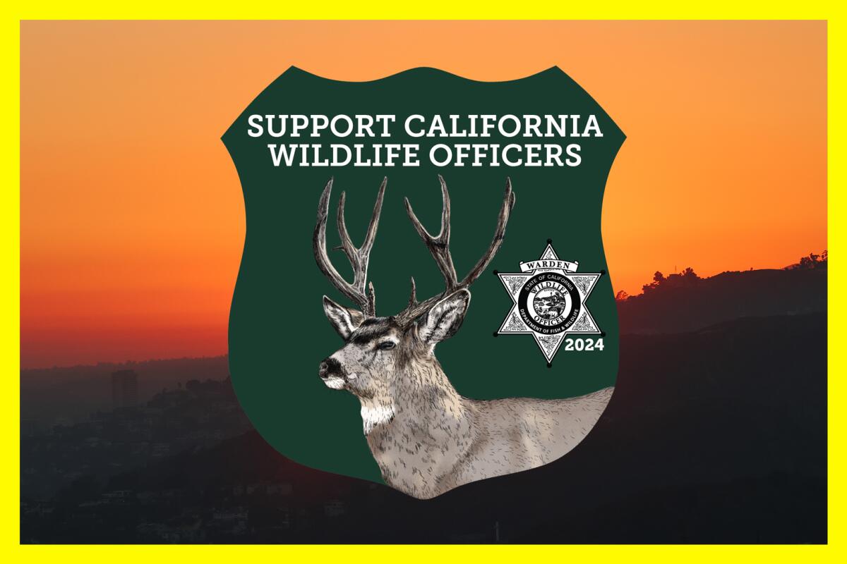 A shield shape bearing the words "support California wildlife officers" above the image of a mule deer