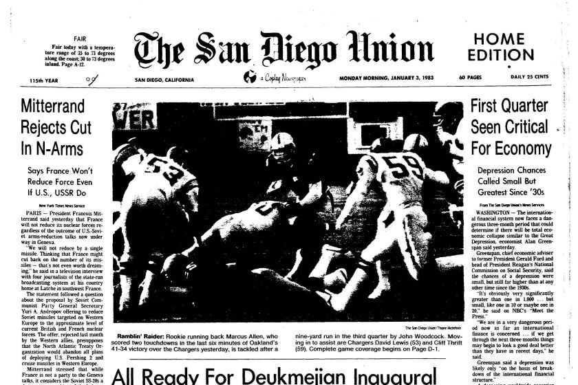 Front page of The San Diego Union, Jan. 3, 1983.