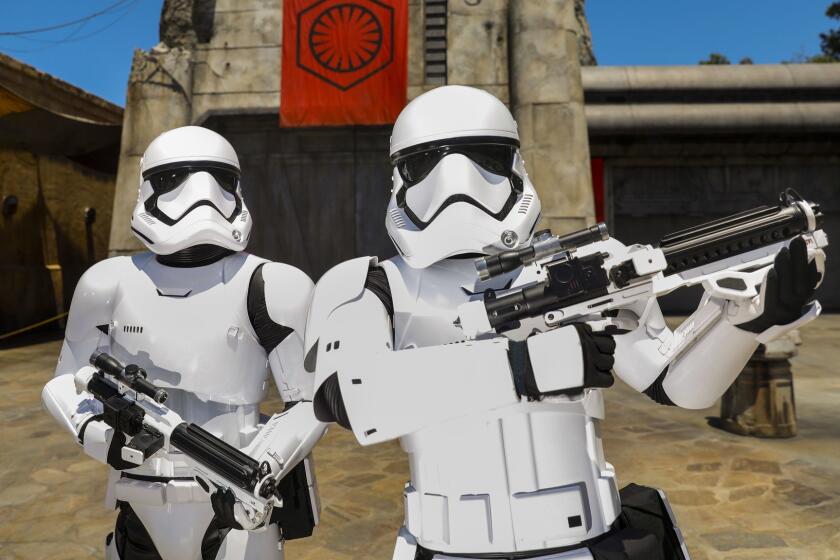 ANAHEIM, CA--MAY 29, 2019--Storm Troopers pose in the First Order Cargo area, inside the new "Star Wars: Galaxy?s Edge" at Disneyland Resort, in Anaheim, CA, May 29, 2019. Members of the media roam the new territory, positioned beyond "Frontierland," at the back of the property. (Jay L. Clendenin / Los Angeles Times)