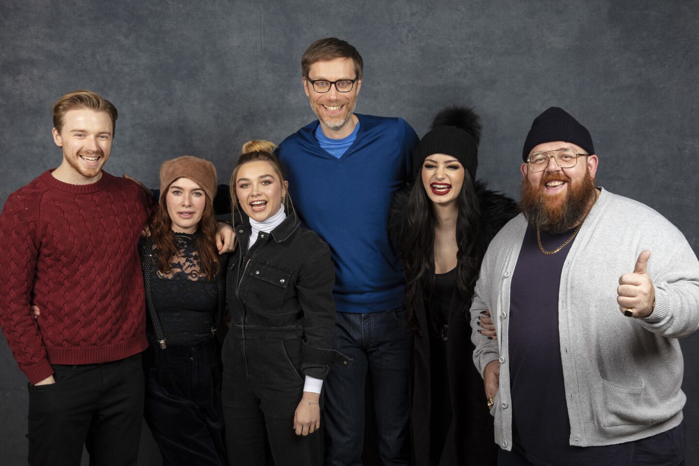Actors Jack Lowden, left, Lena Headey and Florence Pugh, director-writer-actor Stephen Merchant, WWE Superstar Paige and actor Nick Frost from the film "Fighting with My Family."