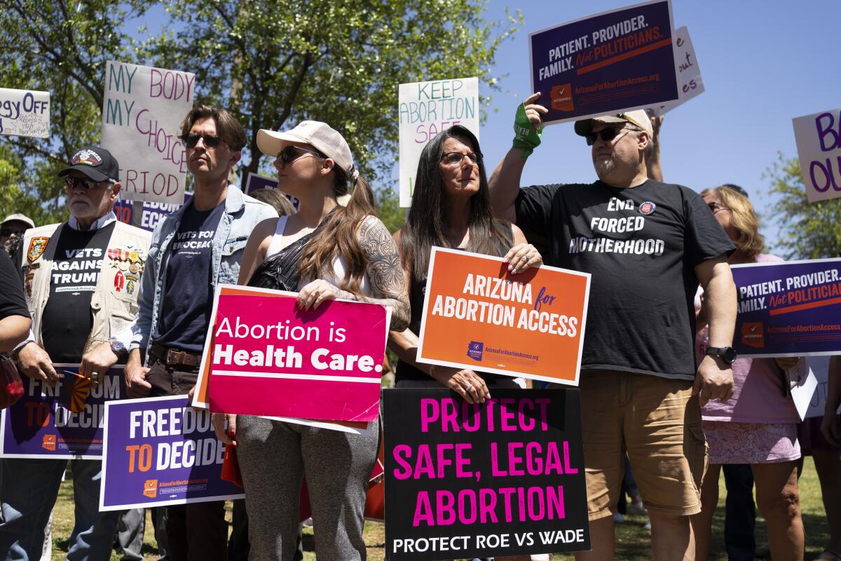 Abortion rights proponents demonstrate in Phoenix on April 17. 