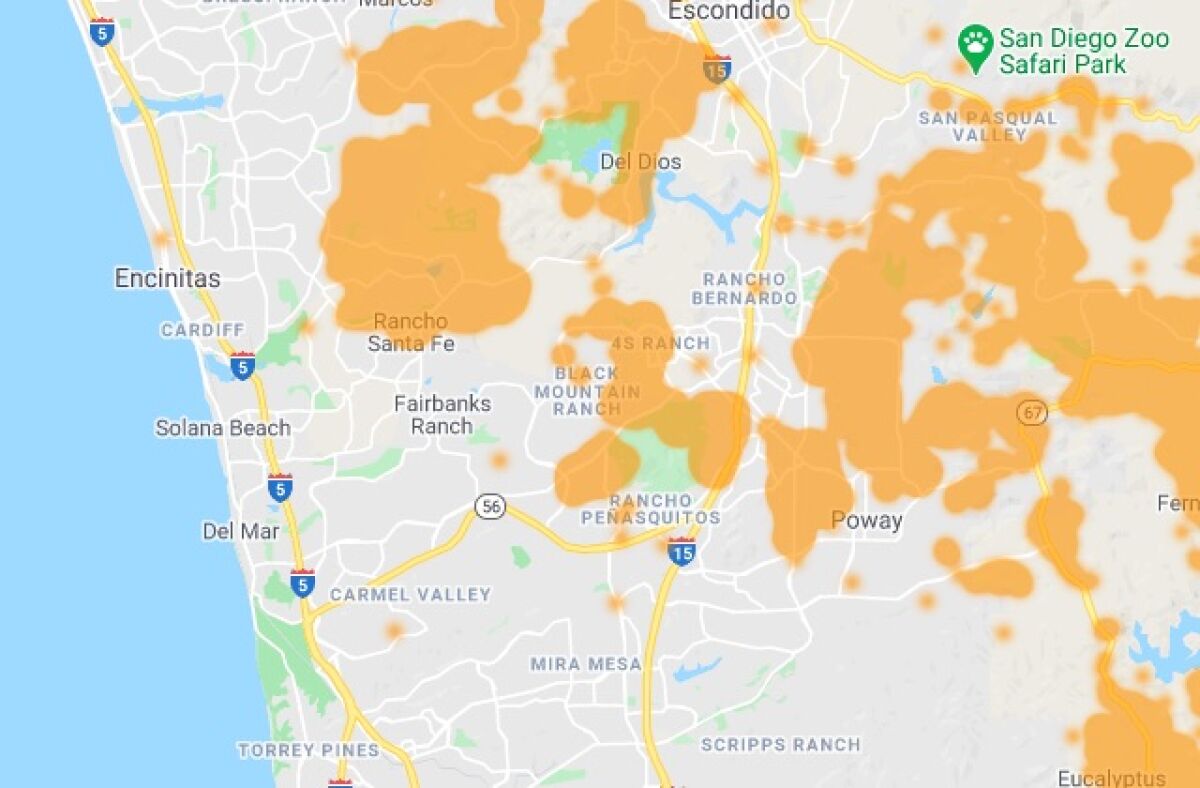 A map shows the areas potentially impacted by public safety power shutoffs.